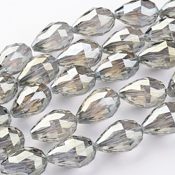 Dark khaki Galvanisierte Glasperlen Stränge, voll Regenbogen plattiert, facettiert, Träne, dark khaki, 28.5x17.5 mm, Bohrung: 2 mm, ca. 8 Stk. / Strang, 8 Zoll (21 cm)