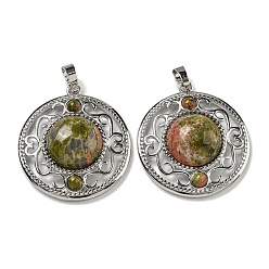 Унакит Природные подвески Unakite, покрытие стойки латунные полые плоские круглые подвески, без кадмия и без свинца, платина, 36.5x33x9.5 мм, отверстие : 7.5x5 мм