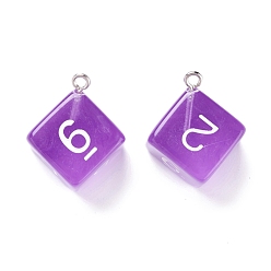 Blue Violet Transparent Acrylic Pendants, with Iron Finding, Dice, Blue Violet, 28x21x16mm, Hole: 2mm