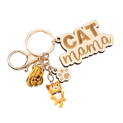 Сэнди Коричневый Деревянные брелки, украшения для сумок и кошельков, с подвесками в виде кошек из смолы, песчаный коричневый, 9x5 см