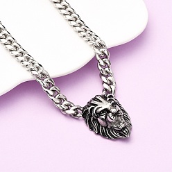 Античный Серебристый & Цвет Нержавеющей Стали 304 кулон в виде головы льва из нержавеющей стали с кубинской цепочкой, старинное серебро и цвет нержавеющей стали, 23.90 дюйм (60.7 см)