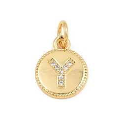 Letter Y Breloques en laiton zircon cubique transparent, rond plat avec breloques en forme de lettre, plaqué longue durée, sans plomb et sans cadmium, crémaillère plaquage, réel 18 k plaqué or, Lettre Y, 12.5x10x1.5mm, Trou: 3mm