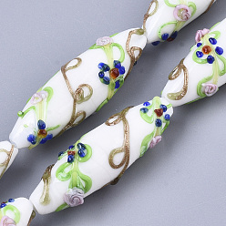 Белый Ручной золотой песок бусины бисер нитей, неровный, рис с цветочным узором, белые, 45~47.5x14.5~15.5 мм, отверстие : 1.5 мм, около 10 шт / нитка, 17.72 дюйм