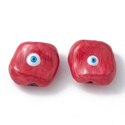 FireBrick Glass Beads, with Enamel, Square with Evil Eye Pattern, FireBrick, 20x19x10mm, Hole: 1.2mm