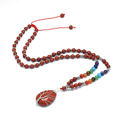 Красный Камень Чакра ювелирные изделия йога, натуральный красный яшмы кулон ожерелье, с находками из натурального / синтетического смешанного камня и латуни, слезинка с дерева, 23.62 дюйм (60 см)
