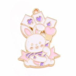 Лавандовый румянец Подвески из эмали и сплава, золотые, шарм кролика с игральными картами, лавандовый румянец, 33x22x1.5 мм, отверстие : 2 мм