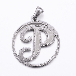 Letter P Non-Tarnish 304 Stainless Steel Pendants, Flat Round with Letter, Stainless Steel Color, Letter.P, 28x25x1.2mm, Hole: 6x3.5mm