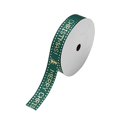 Mot Ruban plat en polyester gros-grain sur le thème de Noël, ruban de marquage à chaud, accessoires de vêtements, vert foncé, Joyeux Noël, mot, 5/8 pouces (16.5 mm), environ 9.84 yards (9m)/rouleau