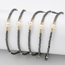 Gray Adjustable Nylon Cord Braided Bead Bracelets, with Japanese Seed Beads and Pearl, Gray, 2 inch~2-3/4 inch(5~7.1cm)