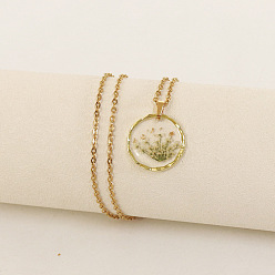 (404) Непрозрачное AB Кислое яблоко Ожерелья с плоским круглым кулоном из сплава и пластика с внутренним цветком, золотые, цветочный белый, 17.72 дюйм (45 см)