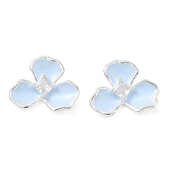 Silver Brass Micro Pave Clear Cubic Zirconia Pendants, with Sky Blue Enamel, Flower Charms, Silver, 16x19.5x4mm, Hole: 2x3mm