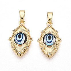 Настоящее золото 18K Латунь стекло кулоны, глаз, реальный 18 k позолоченный, 19x12x4.9 мм, отверстие : 2~2.5x5 мм
