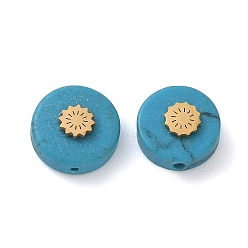 Sun Natural Turquoise Beads, Flat Round with 304 Stainless Steel Slice, Golden, Sun, 10x4mm, Hole: 0.8mm