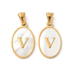 Letter V Натуральный ракушечный овал с инициалами, с 304 установками из нержавеющей стали, ионное покрытие (ip), реальный 18 k позолоченный, белые, Буква V, 21x13x2 мм, отверстие : 3.5x5 мм