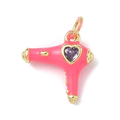 Ярко-Розовый Латунные микро проложить кубического циркония прелести, прелести фена, с эмалью, стойки покрытие, без кадмия и без свинца, долговечный, реальный 18 k позолоченный, ярко-розовый, 14.5x14.5x4.5 мм, отверстие : 3.5 мм