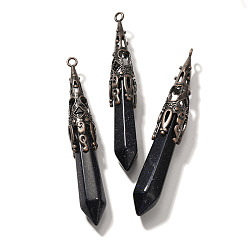 Синий Драгоценный Камень Синтетический синий авантюрин отметил большие подвески, граненые брелоки-пули с латунной фурнитурой, Красная медь, без кадмия и без свинца, 77~84x12 мм, отверстие : 2.5 мм