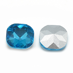 Deep Sky Blue Pointed Back Glass Rhinestone Cabochons, Faceted, Back Plated, Square, Deep Sky Blue, 10x10x4.5mm