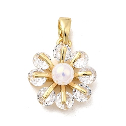 Настоящее золото 18K Латунные микро проложить кубического циркония подвески, цветок, с пластмассовой жемчужиной abs, долговечный, стойки покрытие, без свинца и без кадмия, реальный 18 k позолоченный, 16.5x15x6 мм, отверстие : 4.5x2.5 мм