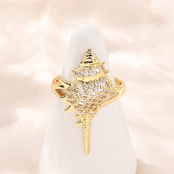 Shell Shape Латунные микро проложить манжеты кольца кубического циркония, реальный 18 k позолоченный, формы раковины, 30.5x15 мм