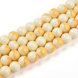 Золотистый Выпечки нарисованных стеклянных бусин прядей, имитировать фарфоровые бусины, круглые, два тона, золотые, 8~8.5 мм, отверстие : 1 мм, около 99~106 шт / нитка, 30.31~32.28 дюйм (77~82 см)