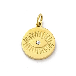 Настоящее золото 18K 304 из нержавеющей стали Кристалл Rhinestone подвески, с целью перехода в кольце, плоский круглый с оберегом от сглаза, ионное покрытие (ip), реальный 18 k позолоченный, 11.5x9.5x1.5 мм