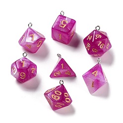 Camellia 7Pcs 7 Styles Opaque Resin Polyhedral Dice Pendants Set, Glitter Multi-Sided Dice Charms with Platinum Plated Iron Loops, Mixed Shapes, Camellia, 20~28x19~24x17~24mm, Hole: 2mm, 1pc/style