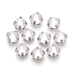 Платина Плоская круглая вышивка стразами, стекло горный хрусталь, с настройками латуни, аксессуары для одежды, граненые, платина, 7x4 мм, отверстие : 1~1.2 мм