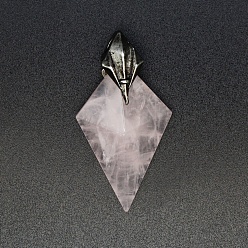 Розовый Кварц Природного розового кварца подвески, ромбовидные подвески с металлической фурнитурой, античное серебро, 46x25x9 мм