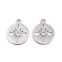 Stainless Steel Color Valentine's Day 304 Stainless Steel Charms, Round with Flower Charms, Stainless Steel Color, 14.5x12x1mm, Hole: 1mm