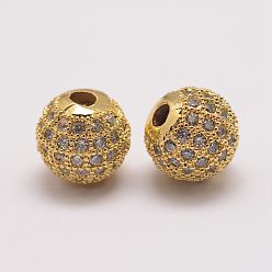 Golden Brass Micro Pave Cubic Zirconia Beads, Round, Golden, 10x9.5mm, Hole: 2mm