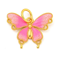 Ярко-Розовый Подвески из латуни с эмалью в стойку, с целью перехода в кольце, долговечный, без свинца и без кадмия, реальный 18 k позолоченный, очарование бабочки, ярко-розовый, 17.5x22x2.5 мм, отверстие : 5 мм