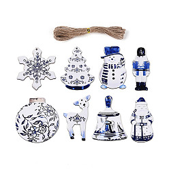 Королевский синий 8 шт. рождественские подвесные украшения из дерева с односторонним УФ-отпечатком, разнообразные, подвесные украшения из джутовой веревки, вырезанные лазером деревянные формы, королевский синий, 79~80x29.5~72x2 мм, отверстие : 2.5~3 мм