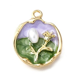 Лиловый Подвески из эмали и сплава, с ABS имитации жемчуга, плоские круглые с цветком, стойки покрытие, долговечный, без свинца, без кадмии и без никеля, золотые, сирень, 23.5x19x5.5 мм, отверстие : 1.8 мм