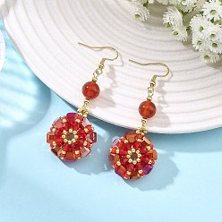 Red Glass Seed Beads Dangle Earrings, Round, Natural Carnelian Round Beads Dangle Earrings for Women, Golden, Red, 62x22mm