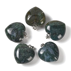 Moss Agate Natural Moss Agate Pendants, Heart Charms, with 304 Stainless Steel Snap on Bails, Stainless Steel Color, 32~33x30x14~15mm, Hole: 7.5x4mm