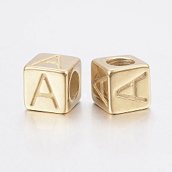 Golden 304 Stainless Steel Large Hole Letter European Beads, Horizontal Hole, Cube with Letter.A, Golden, 8x8x8mm, Hole: 5mm