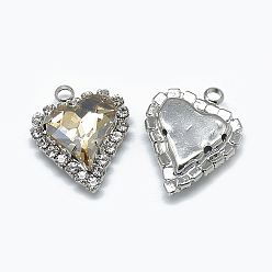 Свет Колорадо Топаз Стеклянные стразы подвески, с латунной фурнитурой платинового цвета, сердце, свет Колорадо Топаз, 21x16.5x6 мм, отверстие : 2 мм