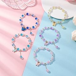 (52) Непрозрачная лаванда Браслеты с подвесками в виде бабочек из акрилового сплава, круглые растягивающиеся браслеты из стеклянных бусин с эффектом запекания и потрескивания для женщин, разноцветные, бусина : 8.5x7 mm, внутренний диаметр: 2-1/8 дюйм (5.3 см)