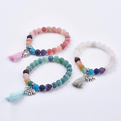 Mixed Color Frosted Mixed Gemstone Beaded Stretch Bracelets, with Alloy Findings & Cotton Thread Tassels, Mixed Color, 2 inch(51mm)