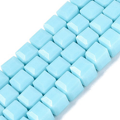 Sky Blue Opaque Glass Beads Strands, Cube, Faceted, Sky Blue, 7x7x6.5~7mm, Hole: 1.2~1.6mm, about 96~101pcs/strand, 25.39~28.54 inch(64.5~72.5cm)