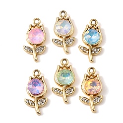 Golden UV Plating Alloy Glass Pendants, Tulip Flower Charm, with Rhinestone, Faceted, Mixed Color, Golden, 24x12x5.5mm, Hole: 1.8mm
