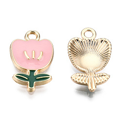 Pink Eco-Friendly Zinc Alloy  Pendants, with Enamel, Flower, Cadmium Free & Nickel Free & Lead Free, Golden, Pink, 19.5x11.5x3mm, Hole: 2mm