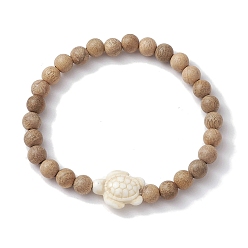 Floral White Beach Tortoise Synthetic Turquoise Bracelets, 6mm Wood Round Beaded Stretch Bracelets for Women, Floral White, Inner Diameter: 2-1/8 inch(5.38cm), Bead: 6mm