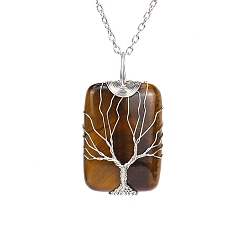Tiger Eye Natural Tiger Eye Pendant Necklace with Brass Cable Chains, Rectangle with Tree, 20.47 inch(52cm)