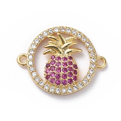 Золотой Соединители из латуни с микропаве и кубическим цирконием, кольцо и ананас, ярко-розовый, золотые, 15x19x3 мм, отверстие : 1.2 мм