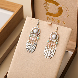 Белый Серьги из сплава из смолы, плоские круглые с пером, серебряные, белые, 70 мм