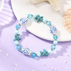 Turquesa Brazaletes de piedras naturales howlite, pez con estrella de mar, con cuentas de turquesa sintéticos, Cuentas de porcelana hechas a mano, Cuentas de vidrio electrochapado y cuentas espaciadoras de aleación estilo margarita de estilo tibetano, turquesa, diámetro interior: 2.05 pulgada (5.2 cm)