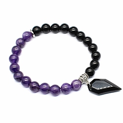 Обсидиан Эластичные браслеты из натурального обсидиана и аметиста, браслеты с подвесками для женщин, форма ножа, внутренний диаметр: 2-3/8 дюйм (6 см)
