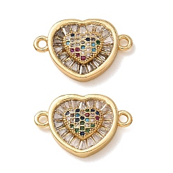 Real 18K Gold Plated Brass Pave Colorful Cubic Zirconia Connector Charms, Heart in Heart Links, Rack Plating, Long-Lasting Plated, Cadmium Free & Lead Free, Real 18K Gold Plated, 14x21x4mm, Hole: 1.6mm