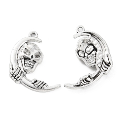 Antique Silver Alloy Pendant, Moon with Skull, Antique Silver, 27x23x3.5mm, Hole: 1.4mm
